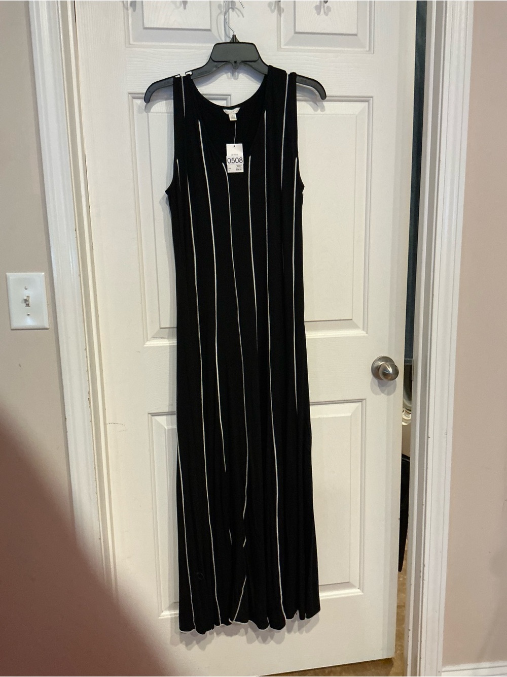 Sleeveless Black Maxi Dress with White Pinstripes